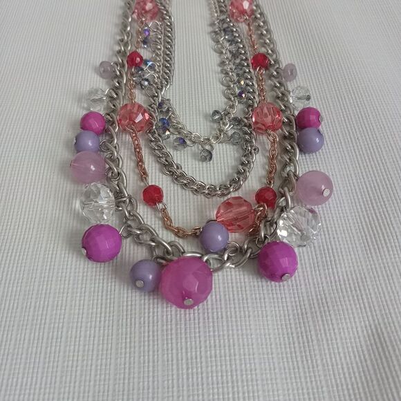 Pink & Purple Beaded Silver Toned Metal Multi Strand Colorful Statement Necklace - Picture 3 of 11